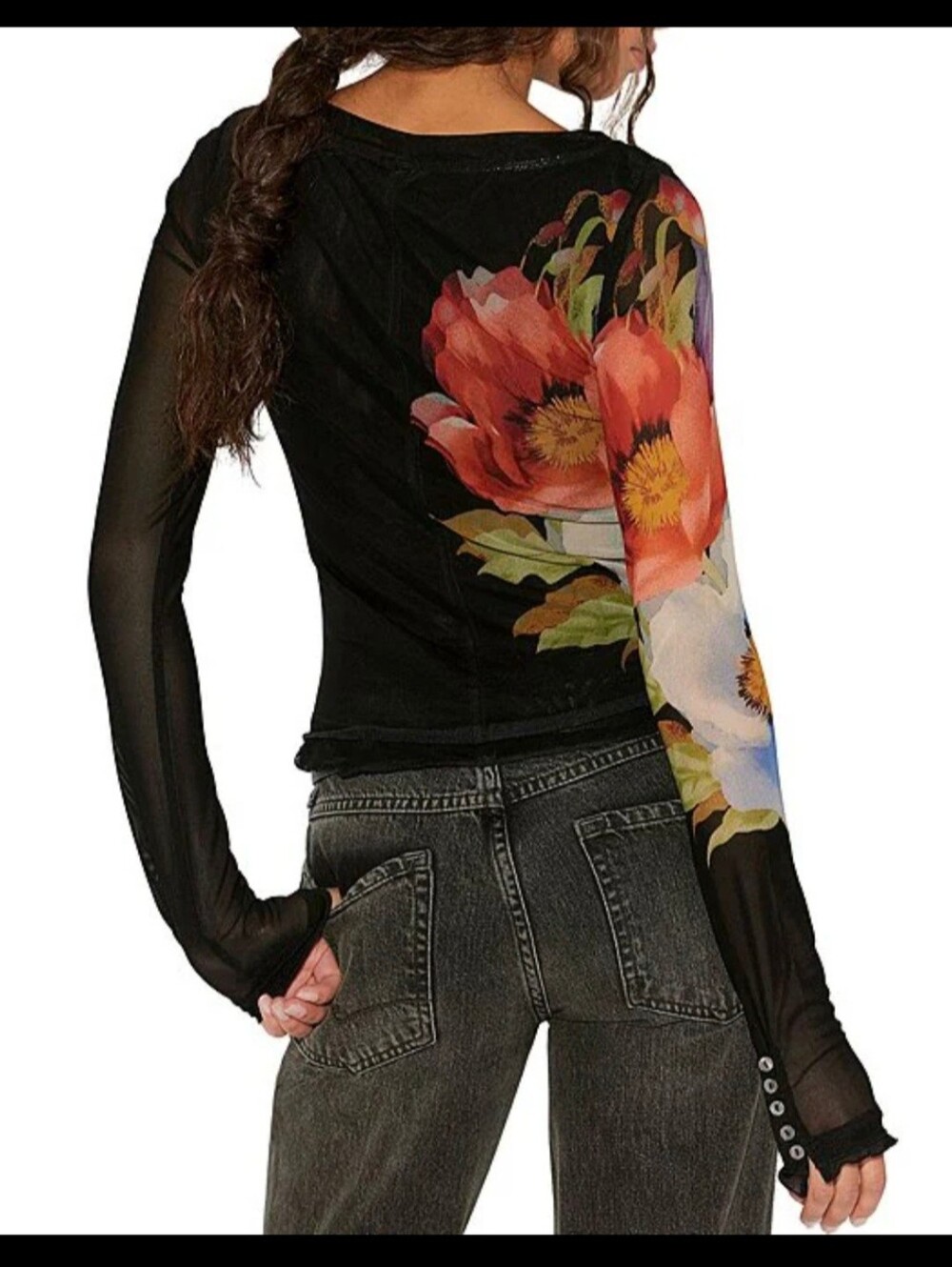 Free People Black Lilly Floral Printed Boat Neck Long Sleeve Mesh Top NWT $78 - Picture 4 of 10
